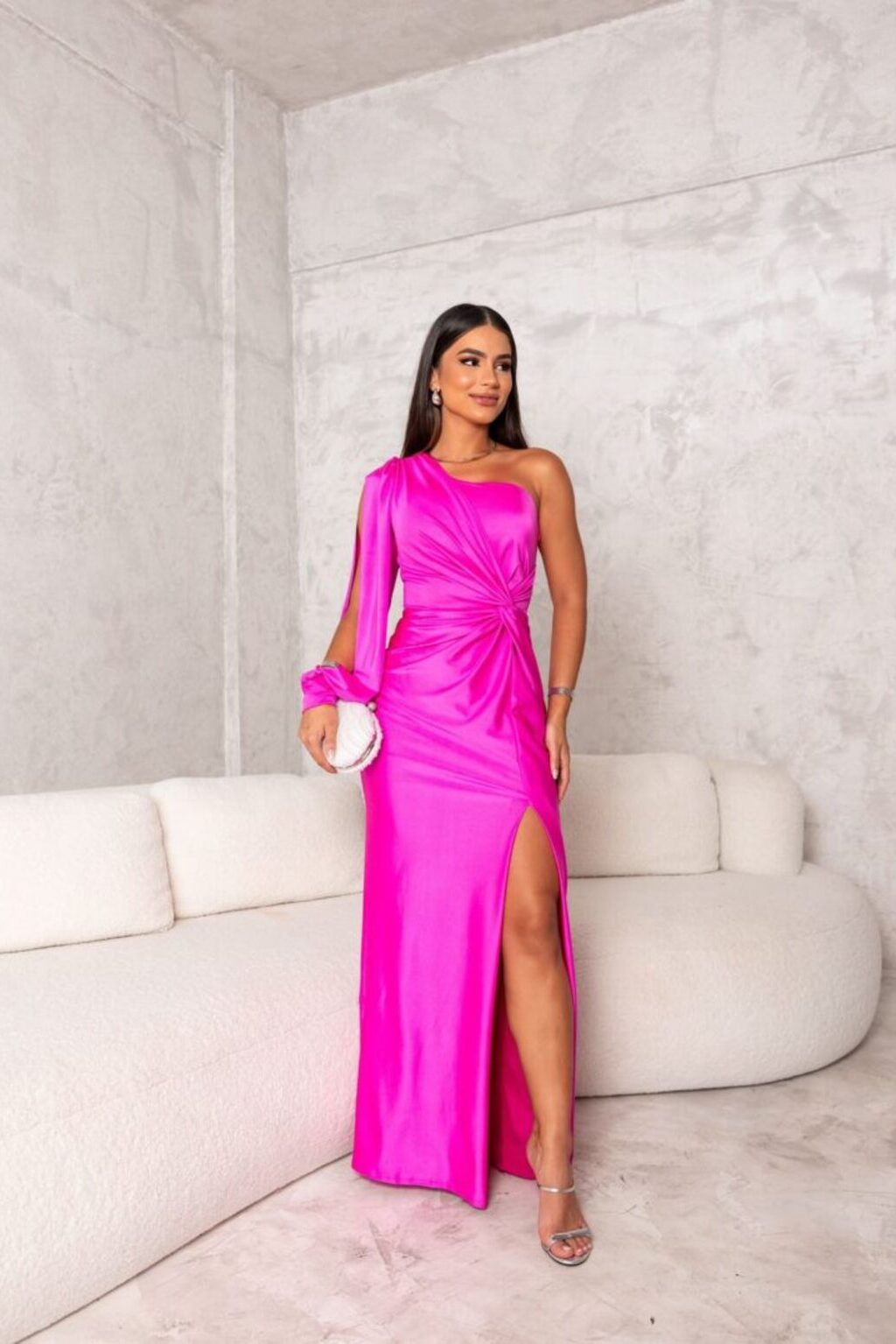 Satin One Shoulder Ruched Split Maxi Dress - Formal Evening Gown