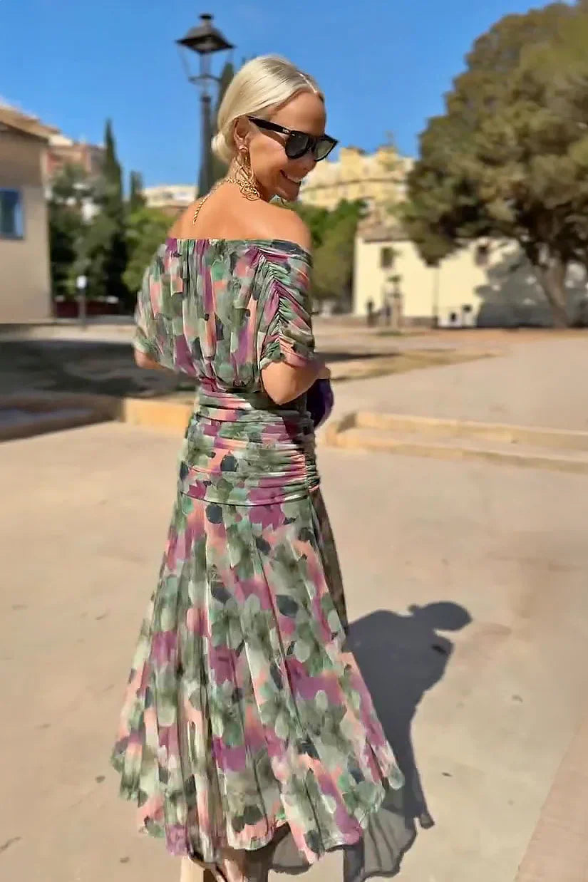 Wrap V-Neck Sheer Overlay Ruched Waist Maxi Dress - Wedding Guest