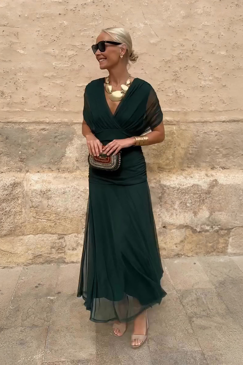 Wrap V-Neck Sheer Overlay Ruched Waist Maxi Dress - Wedding Guest