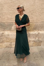 Wrap V-Neck Sheer Overlay Ruched Waist Maxi Dress - Wedding Guest