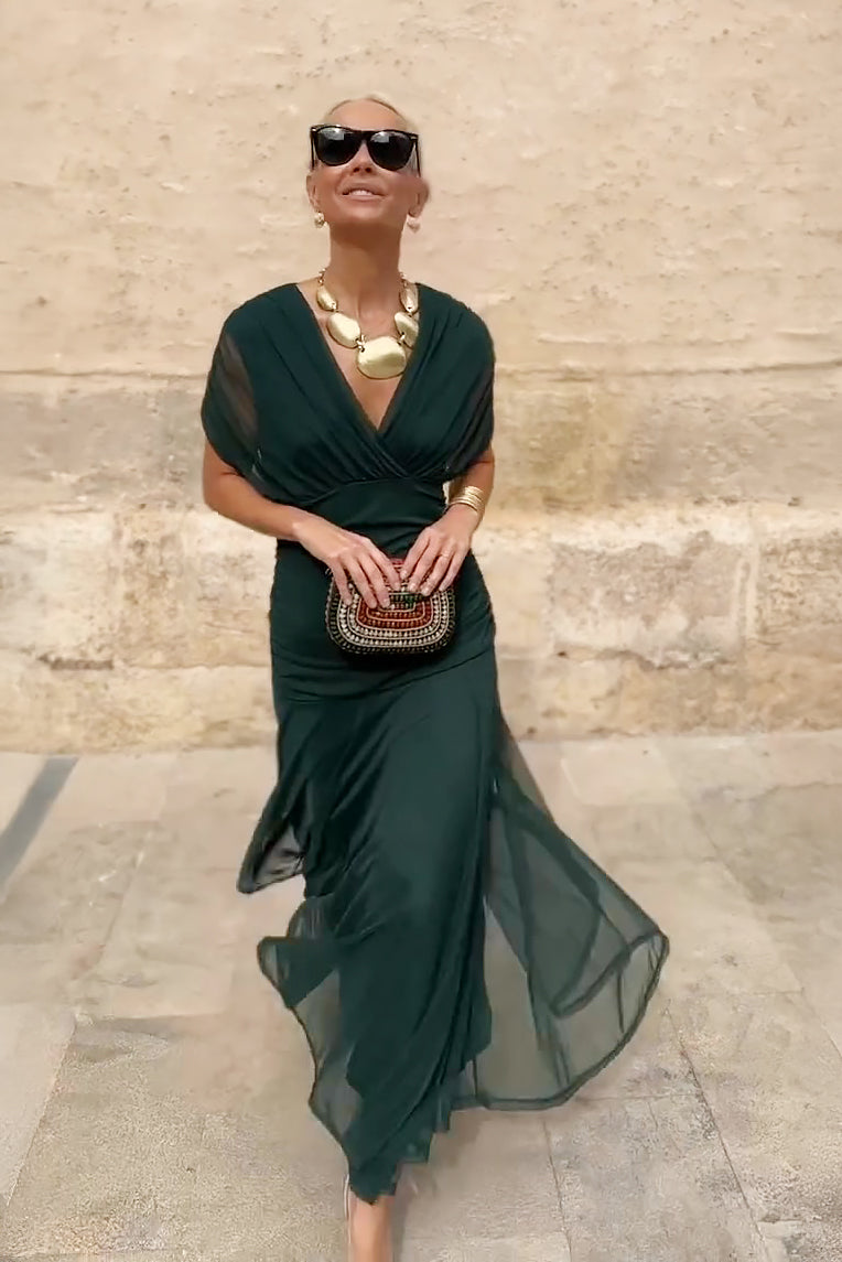 Wrap V-Neck Sheer Overlay Ruched Waist Maxi Dress - Wedding Guest
