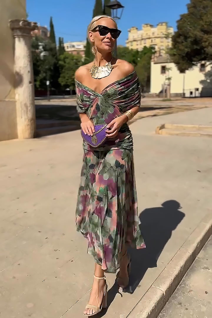 Wrap V-Neck Sheer Overlay Ruched Waist Maxi Dress - Wedding Guest