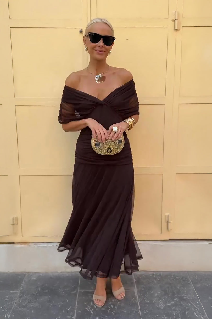 Wrap V-Neck Sheer Overlay Ruched Waist Maxi Dress - Wedding Guest