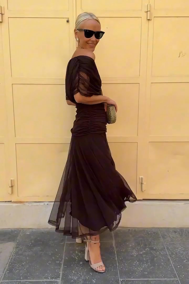 Wrap V-Neck Sheer Overlay Ruched Waist Maxi Dress - Wedding Guest