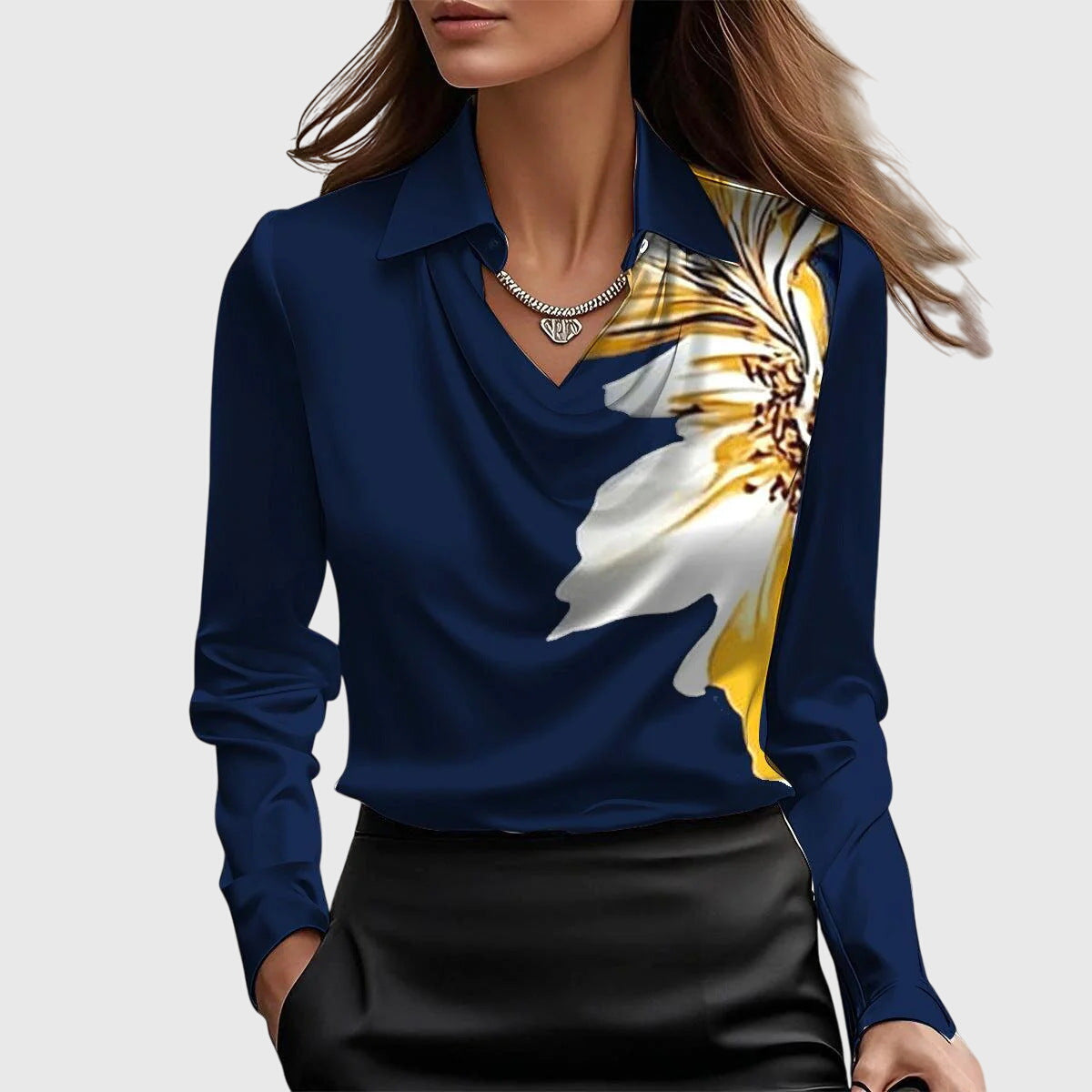 Satin Cowl Neck Collar Long Sleeve Elegant Blouse