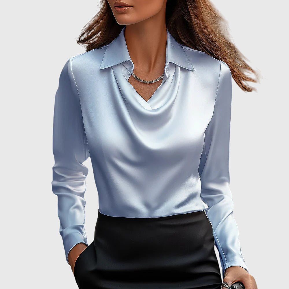 Satin Cowl Neck Collar Long Sleeve Elegant Blouse