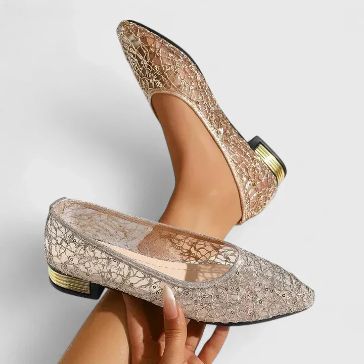 Sequin Lace Mesh Pointed Toe Gold Heel Flat