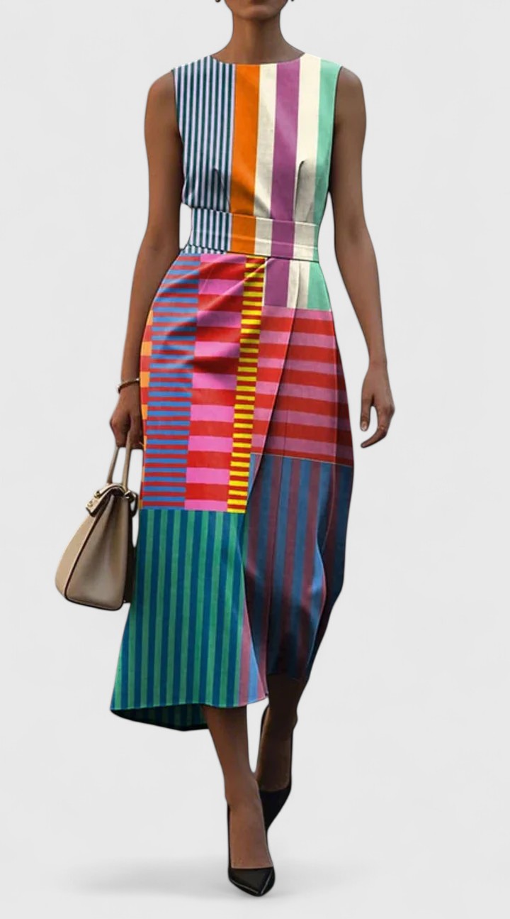 Geometric Patchwork Striped Sleeveless Midi Dress