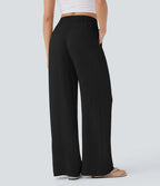 Smocked High Waist Drawstring Wide Leg Linen Pant
