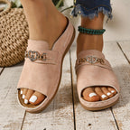 Rhinestone Heart Buckle Suede Open Toe Flat Slide Sandal