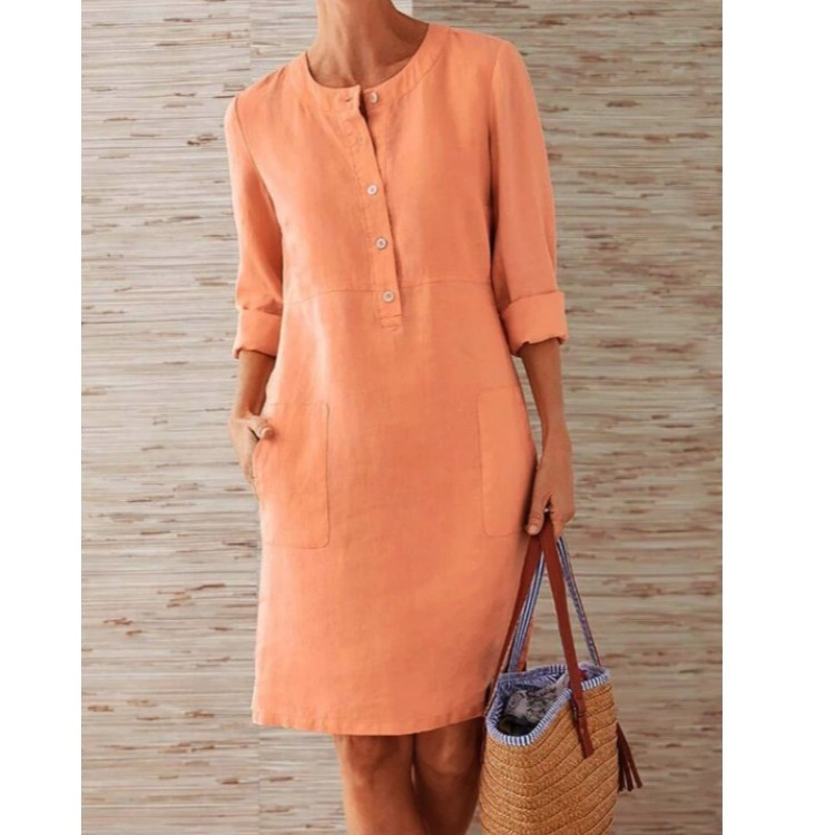 Crew Neck Half Button Roll Sleeve Patch Pocket Linen Midi Dress