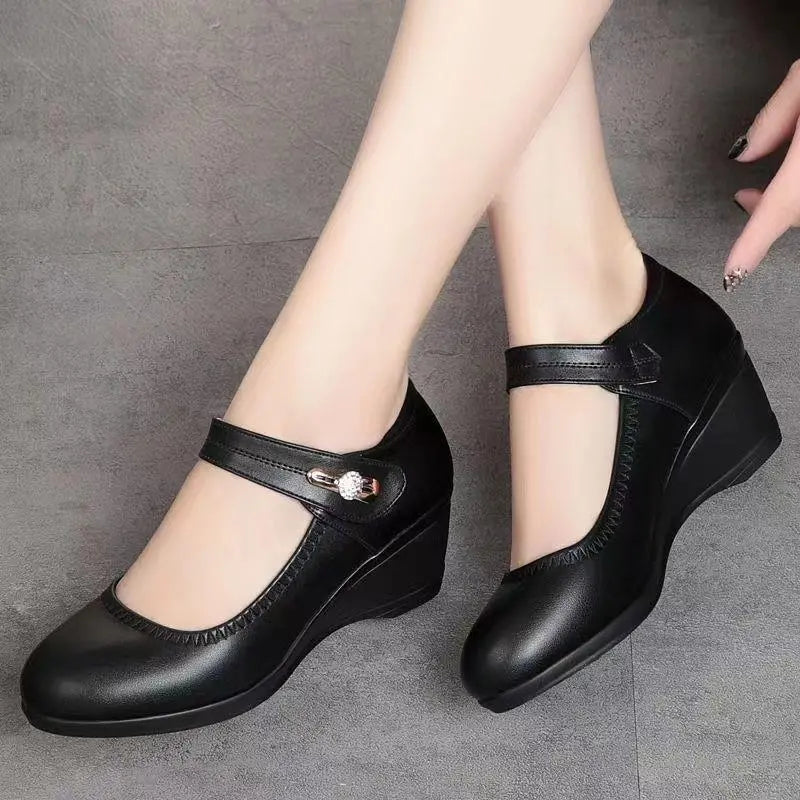 Velcro Strap Embossed Leather Wedge Mary Jane Shoe