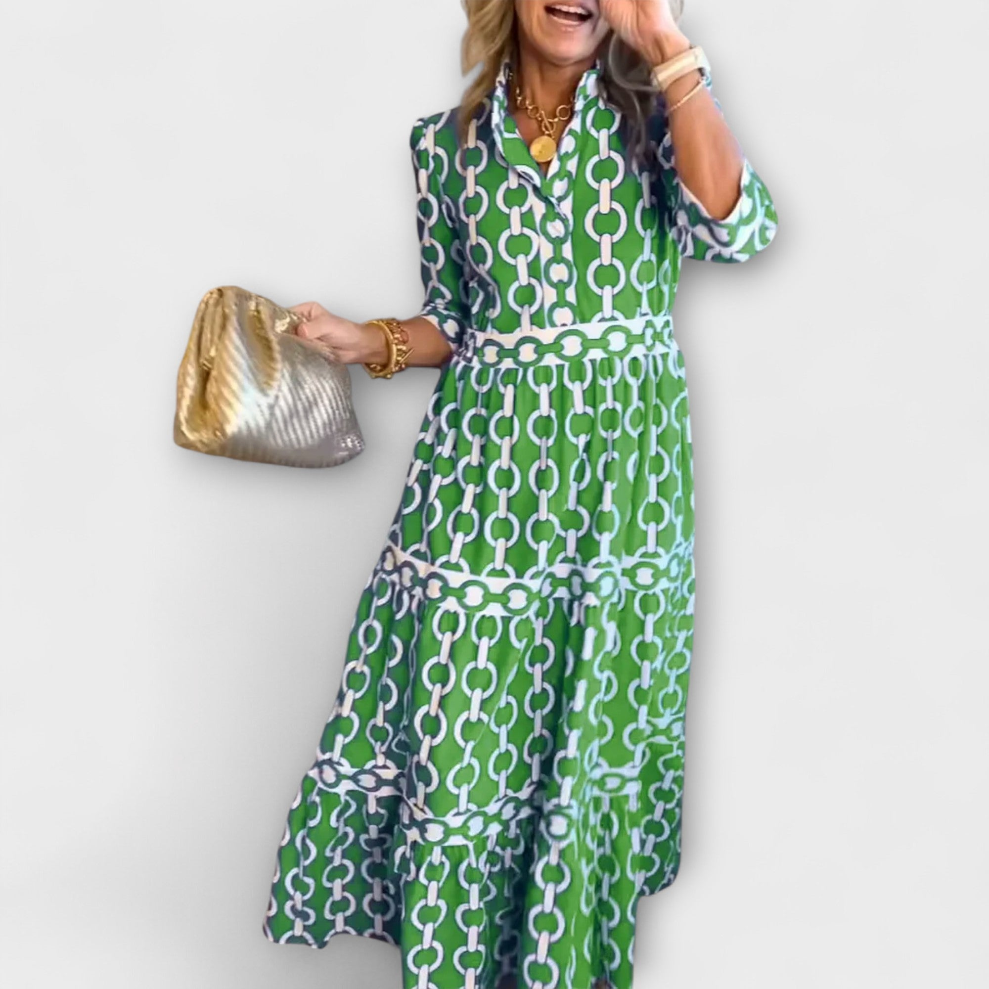 Chain Print Tiered Shirt Casual Midi Dress