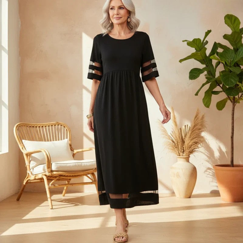 Mesh Panel Flare Sleeve Smock Waist Casual Maxi Dress