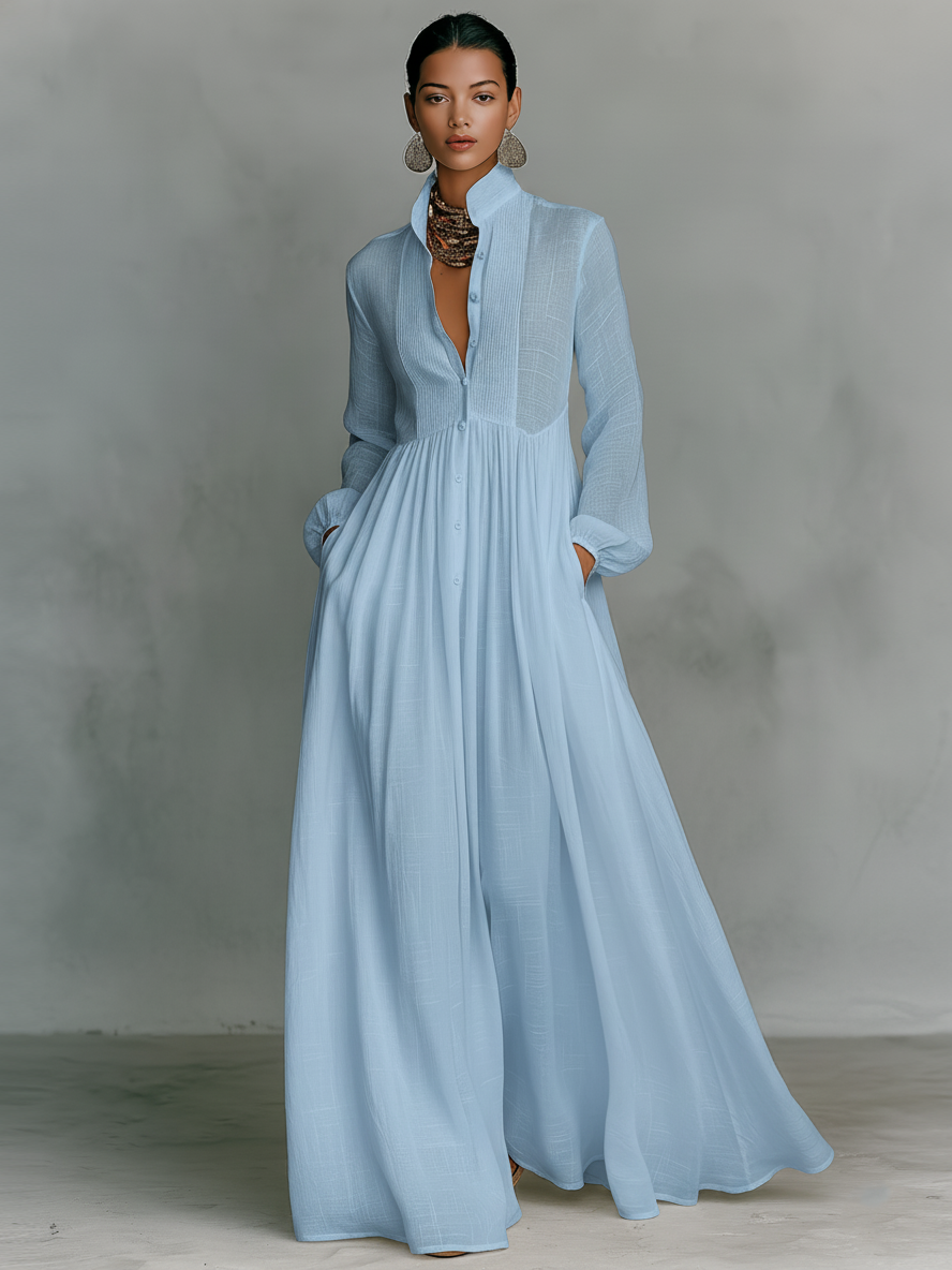 Stand Collar Button Down Pintuck Bodice Flowy Linen Maxi Dress
