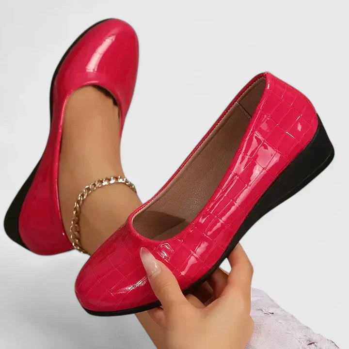 Croc Embossed Patent Slip On Low Wedge Flat