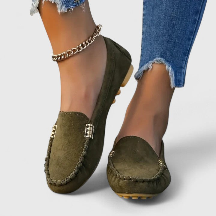 Suede Gold Bar Detail Moccasin Stitch Slip On Flat Loafer