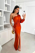 Satin One Shoulder Ruched Split Maxi Dress - Formal Evening Gown