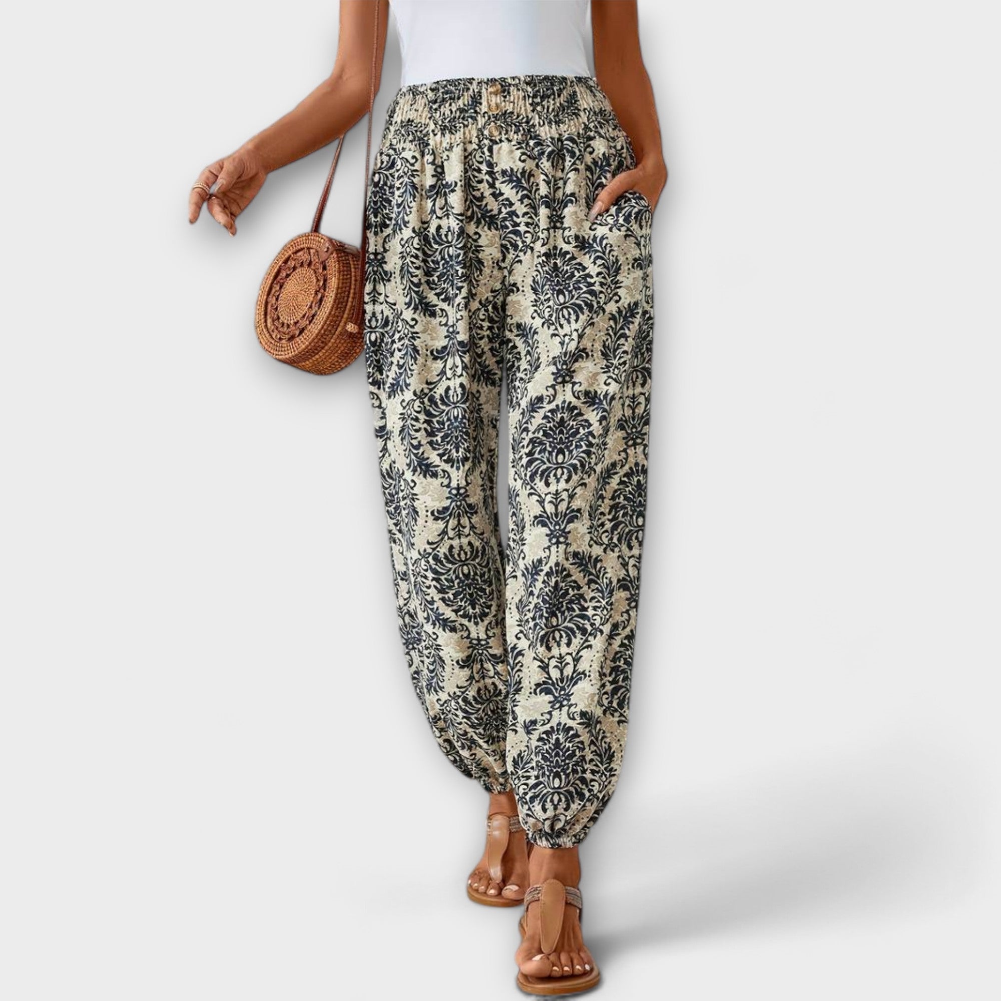 Tribal Print Smocked High Waist Harem Boho Pant