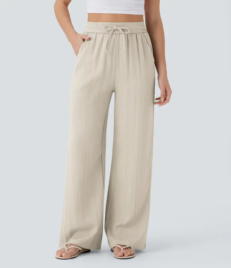 Smocked High Waist Drawstring Wide Leg Linen Pant