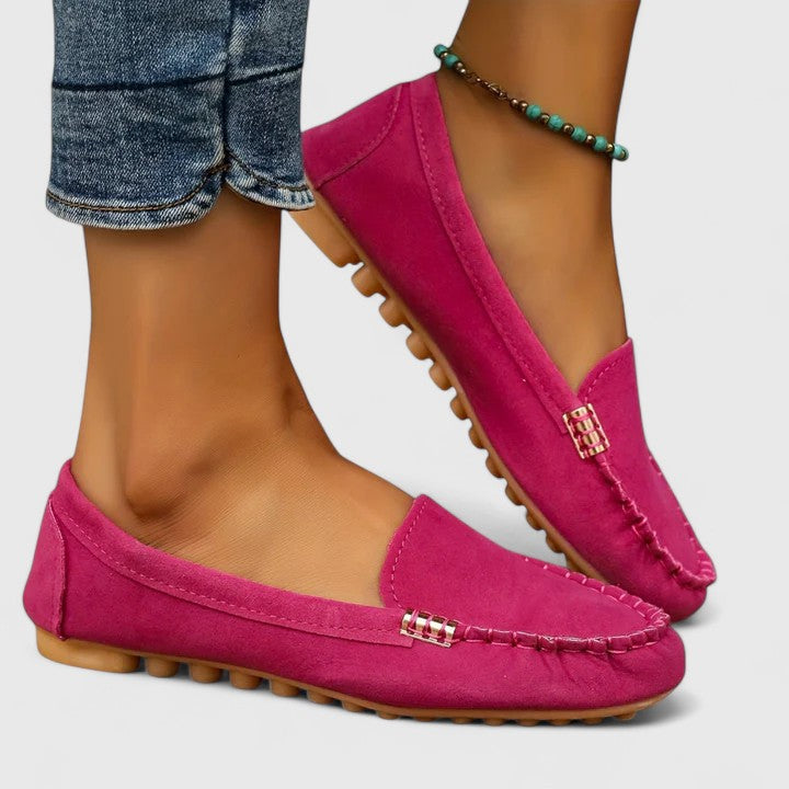 Suede Gold Bar Detail Moccasin Stitch Slip On Flat Loafer
