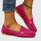 Suede Gold Bar Detail Moccasin Stitch Slip On Flat Loafer