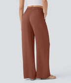 Smocked High Waist Drawstring Wide Leg Linen Pant