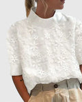 Floral Appliqué Mock Neck Short Sleeve Elegant Blouse