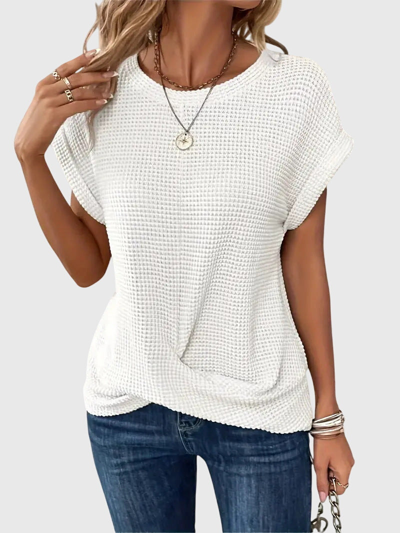 Waffle Knit Crew Neck Rolled Cuff Cap Sleeve Relaxed Top