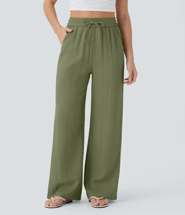 Smocked High Waist Drawstring Wide Leg Linen Pant