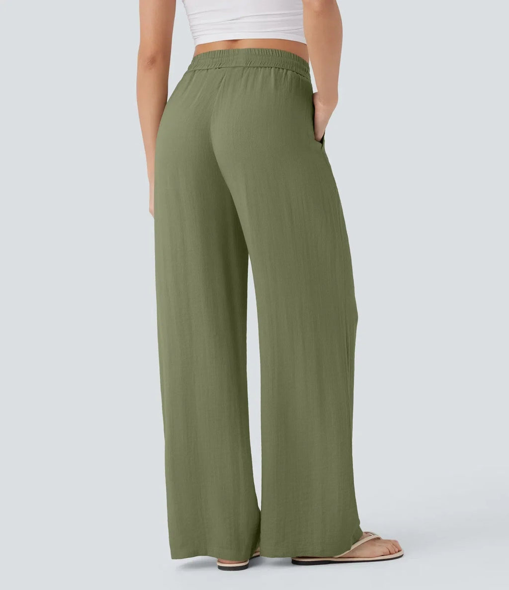 Smocked High Waist Drawstring Wide Leg Linen Pant