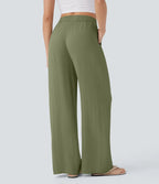 Smocked High Waist Drawstring Wide Leg Linen Pant