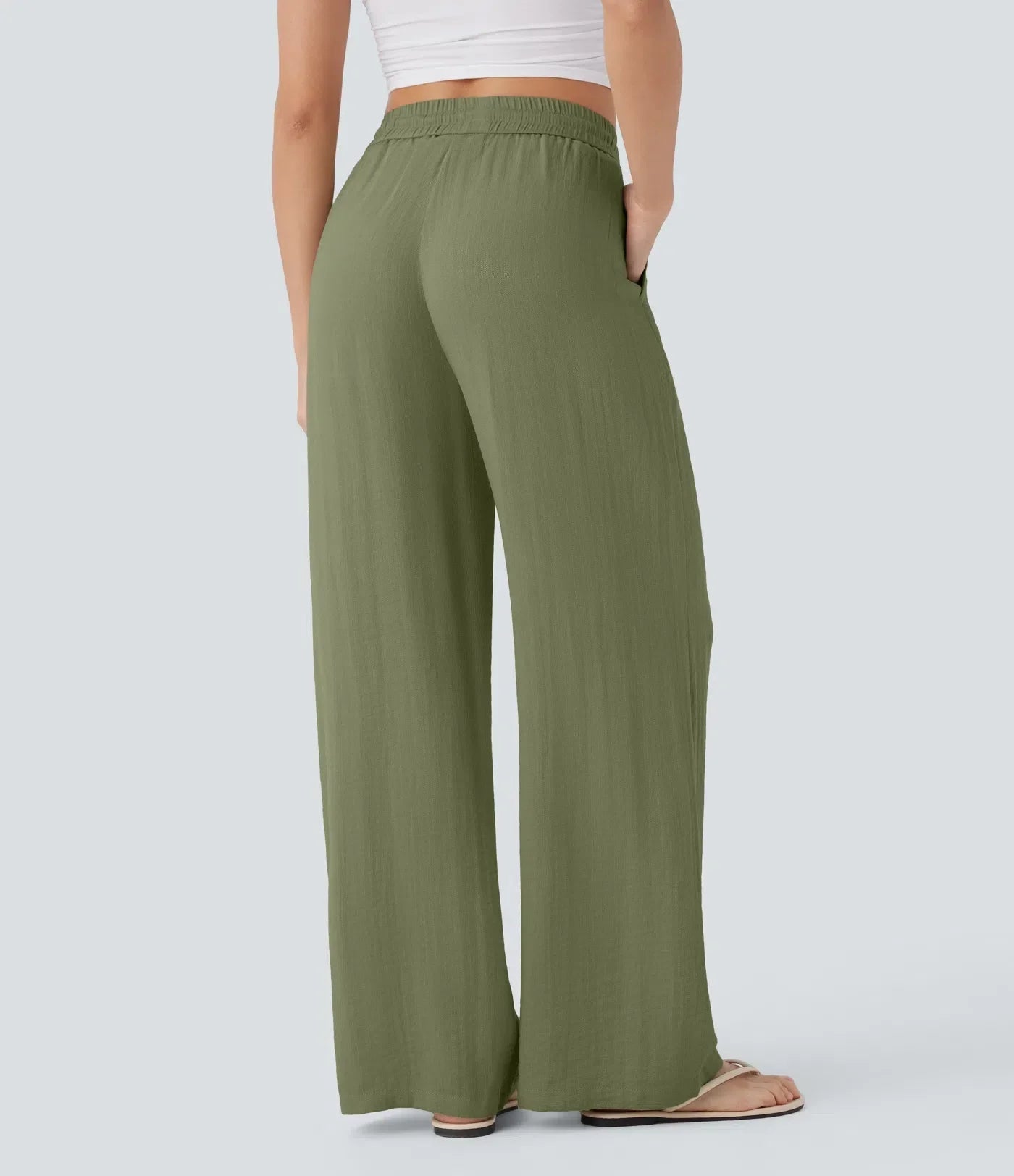 Smocked High Waist Drawstring Wide Leg Linen Pant