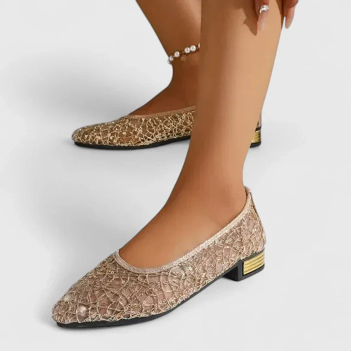 Sequin Lace Mesh Pointed Toe Gold Heel Flat