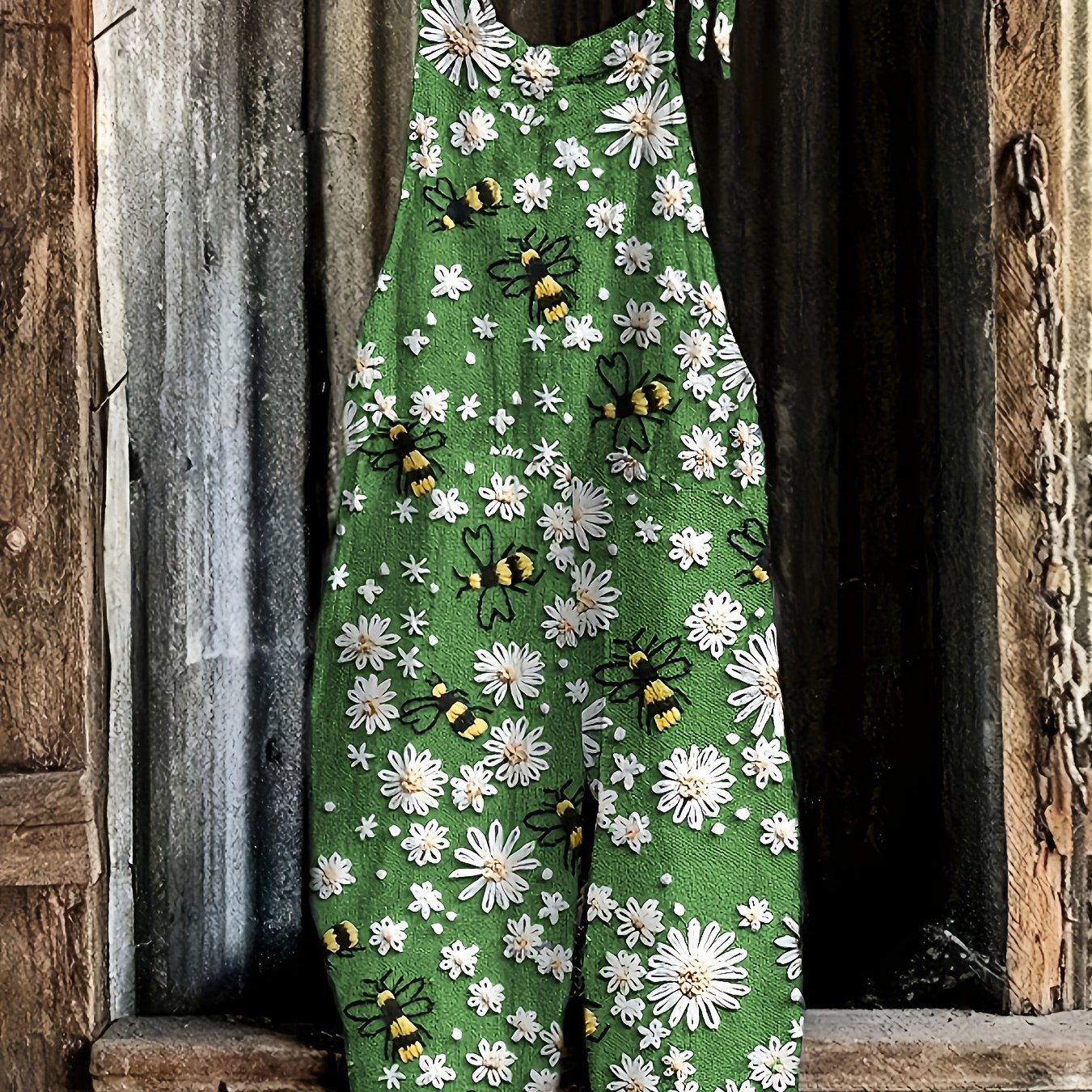 Daisy Bee Print Tie Shoulder Strap Pocket Casual Jumpsuit