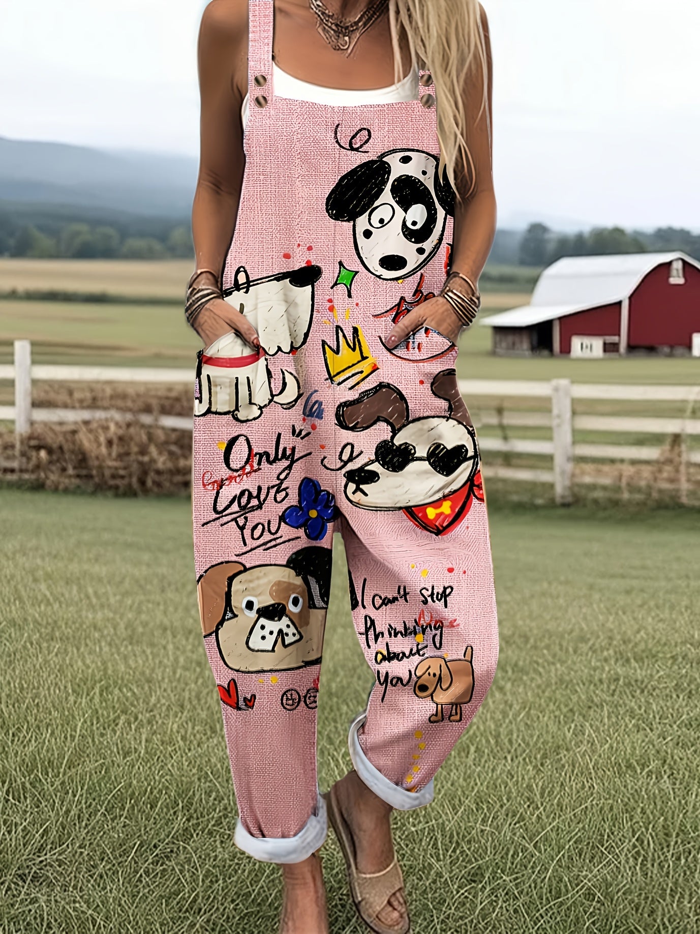 Cartoon Dog Graphic Print Adjustable Strap Pocket Casual Jumpsuit