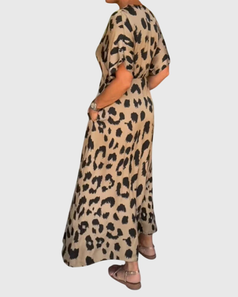 Leopard Print V Neck Button Front Elasticated Waist Maxi Dress