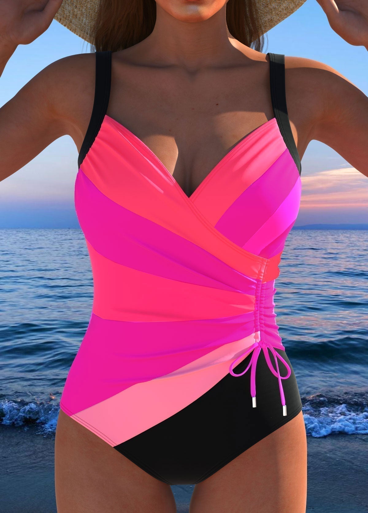 Striped Wrap Front Ruched Tummy Control One Piece Swimsuit