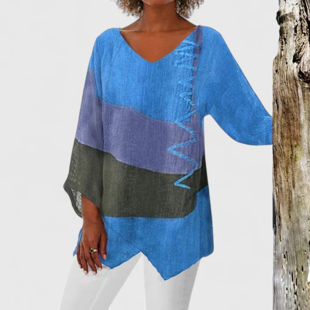 Colour Block Zigzag Stitch V-Neck Linen Tunic Top