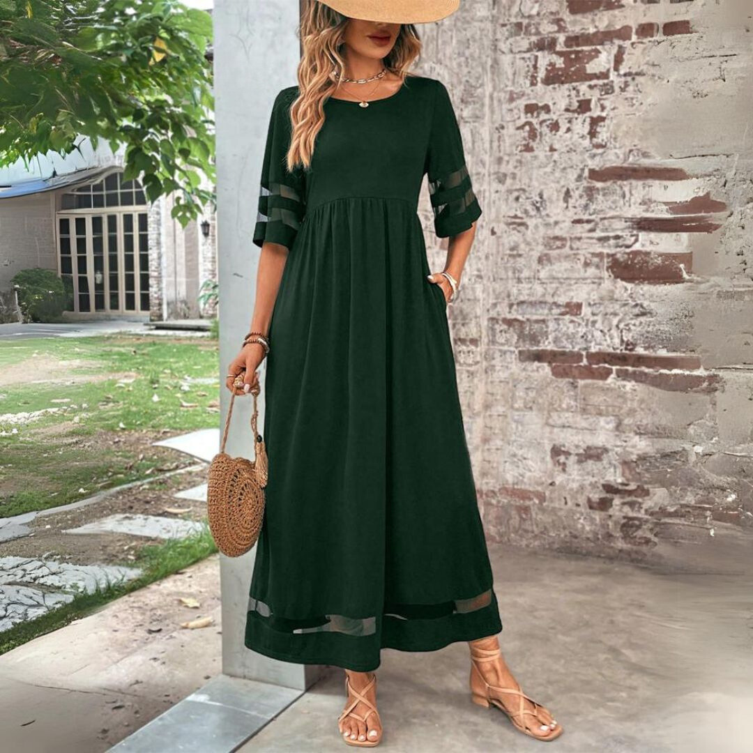 Mesh Panel Flare Sleeve Smock Waist Casual Maxi Dress