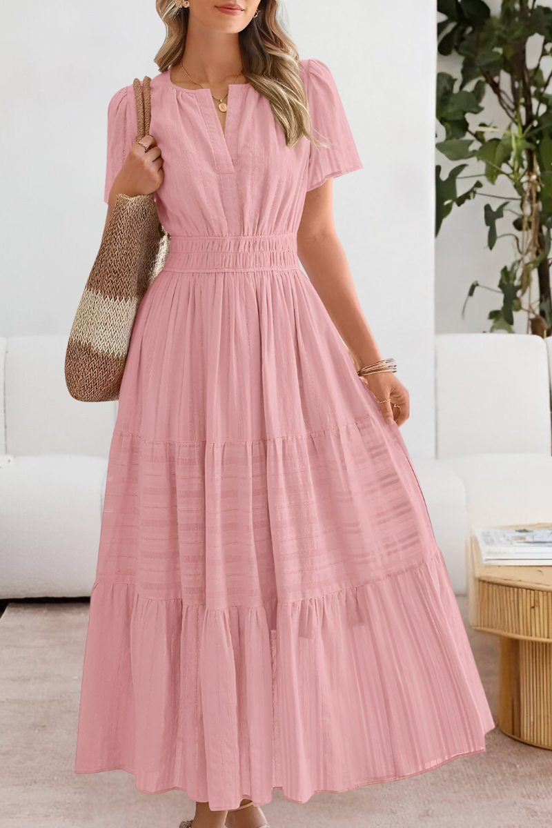 Flutter Sleeve V Neck Smocked Waist Tiered Flowy Maxi Dress