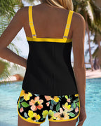 Ribbed Contrast Trim Floral Boyshort Tankini Swimsuit Set