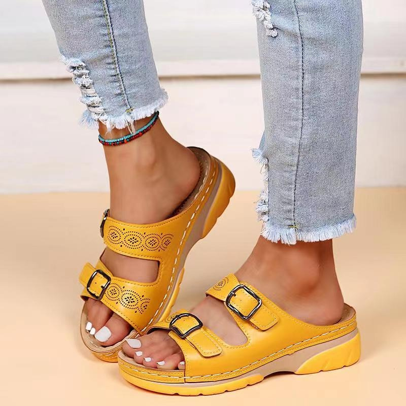 Double Buckle Strap Laser Cut Wedge Platform Slide Sandal
