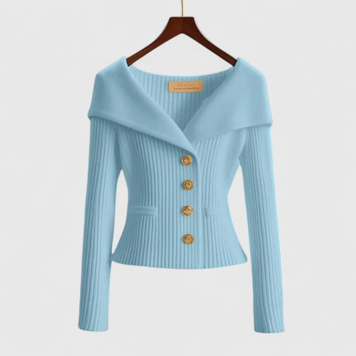 Off Shoulder Fold Collar Gold Button Fitted Ribbed Cardigan