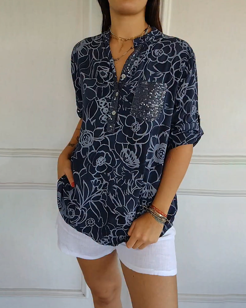 Floral Print V-Neck Half Sleeve Casual Blouse