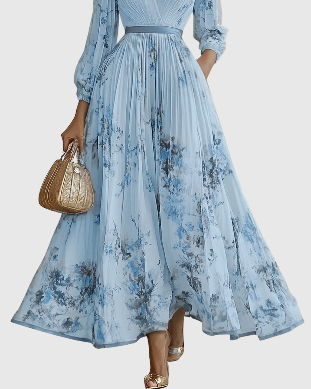Floral Pleated V-Neck Belted Maxi Dress - Wedding Guest Gown