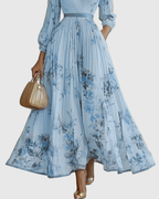 Floral Pleated V-Neck Belted Maxi Dress - Wedding Guest Gown