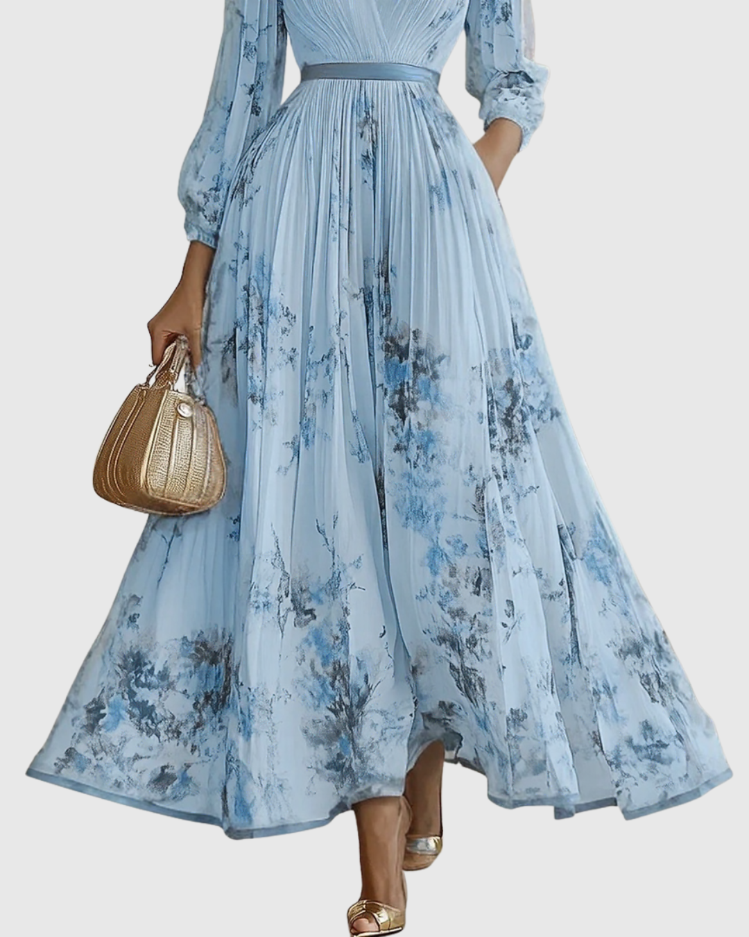 Floral Pleated V-Neck Belted Maxi Dress - Wedding Guest Gown