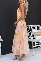 Floral Halter Neck Ruched Waist Flowy Maxi Dress