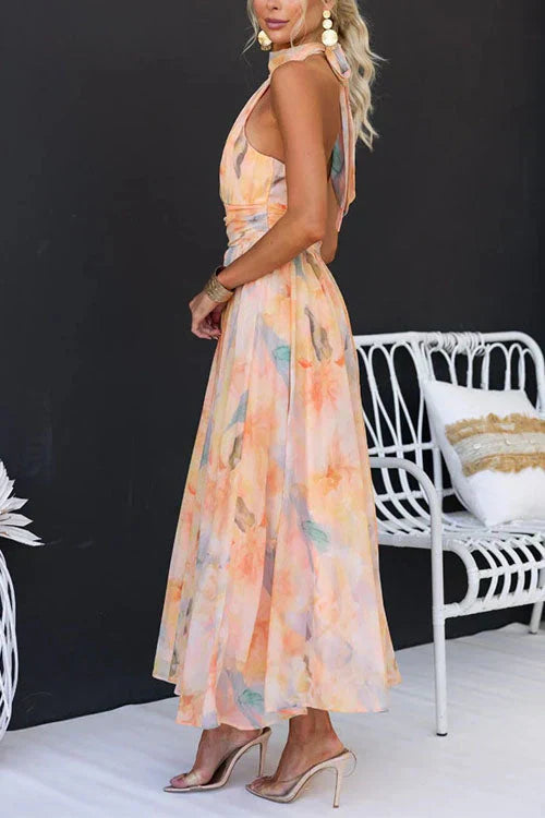 Floral Halter Neck Ruched Waist Flowy Maxi Dress